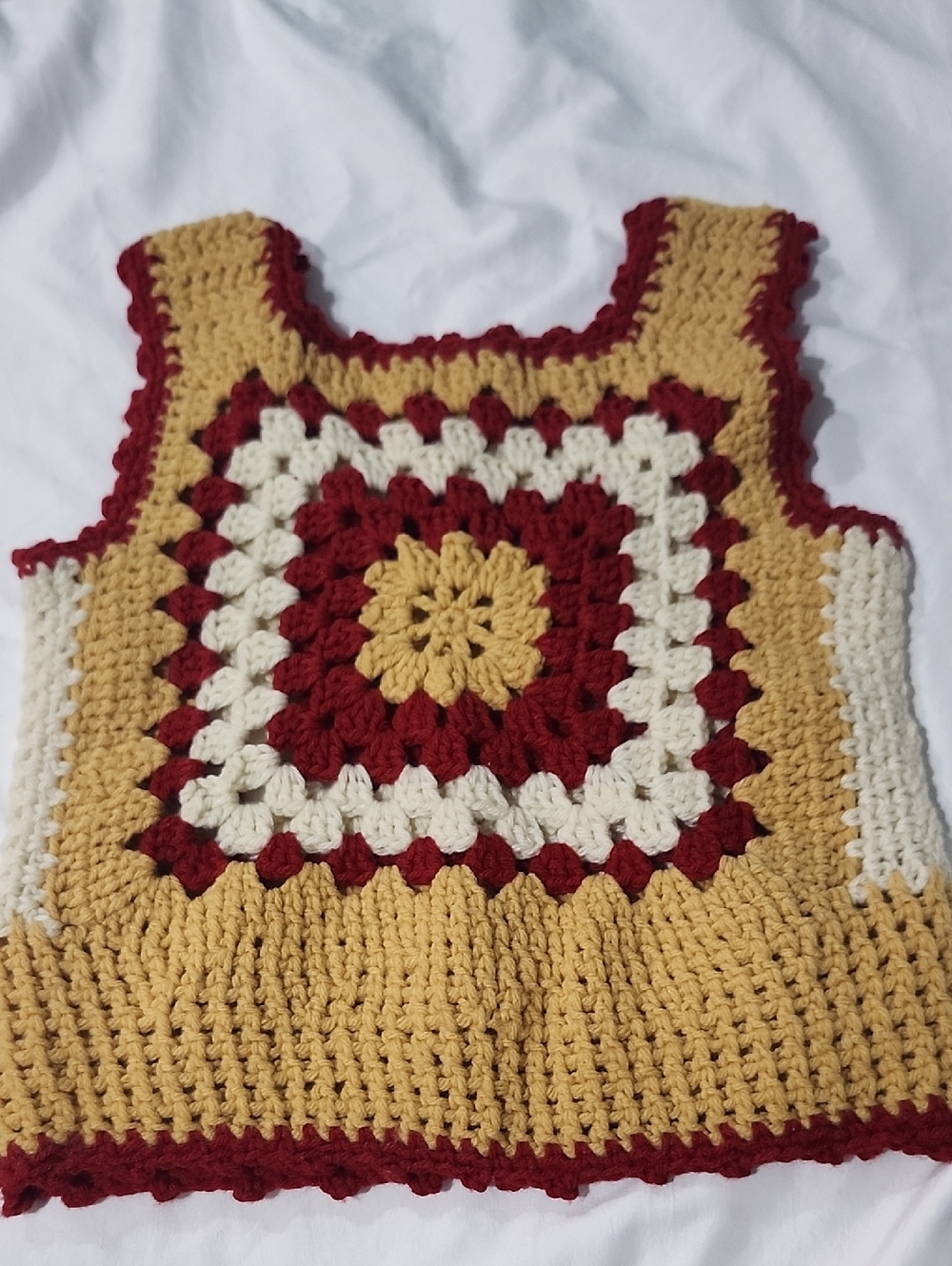 Handmade Crochet Tank Top - Mustard, Cream & Burgundy